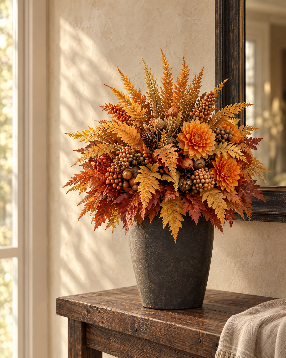 Vermont autumn florals styled on an oak console. Vase not included.